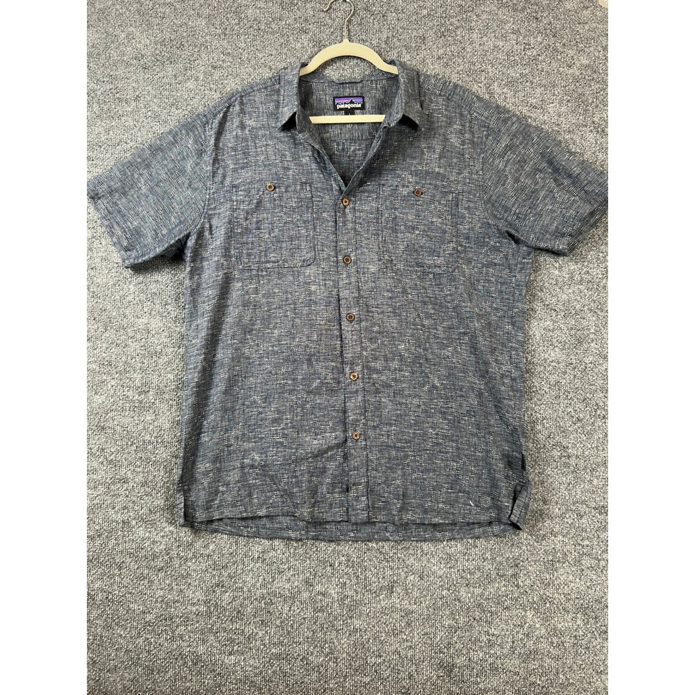 Patagonia Shirt Mens Large Navy Blue Hemp Organic Cotton Button Up Short Sleeve